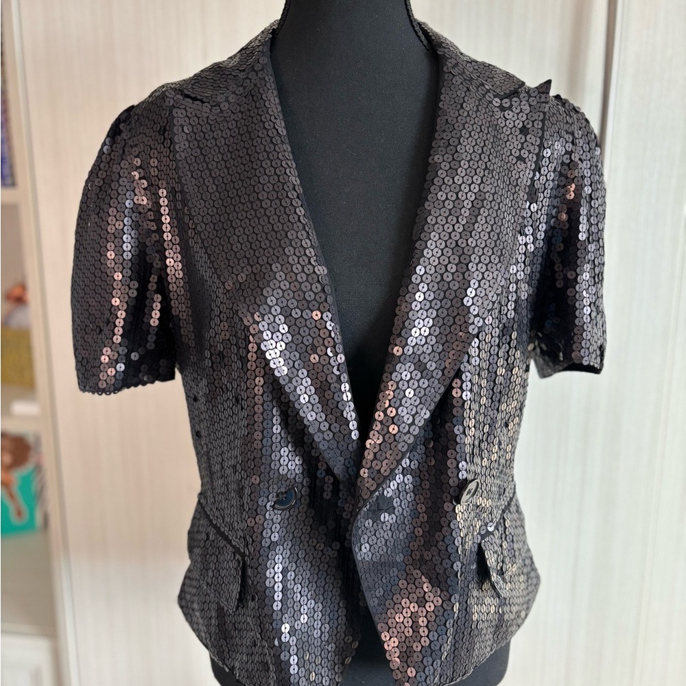 French Connection Chic Black Sequin Short-Sleeve Blazer Size 10 - Picture 9 of 14